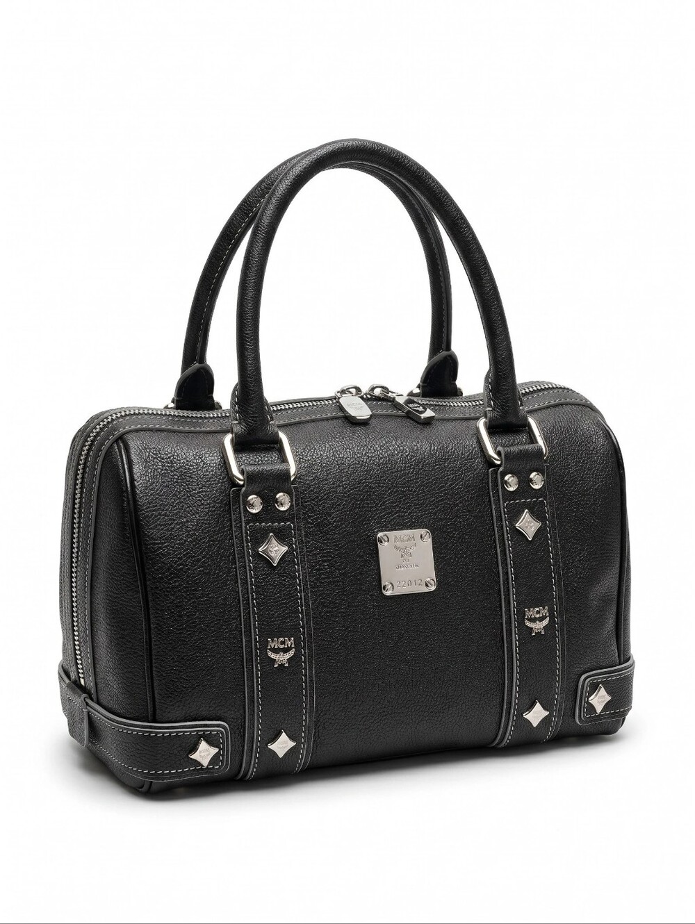 MCM Boston Leather Dual Top Handle Bag with Silver Toned Hardware